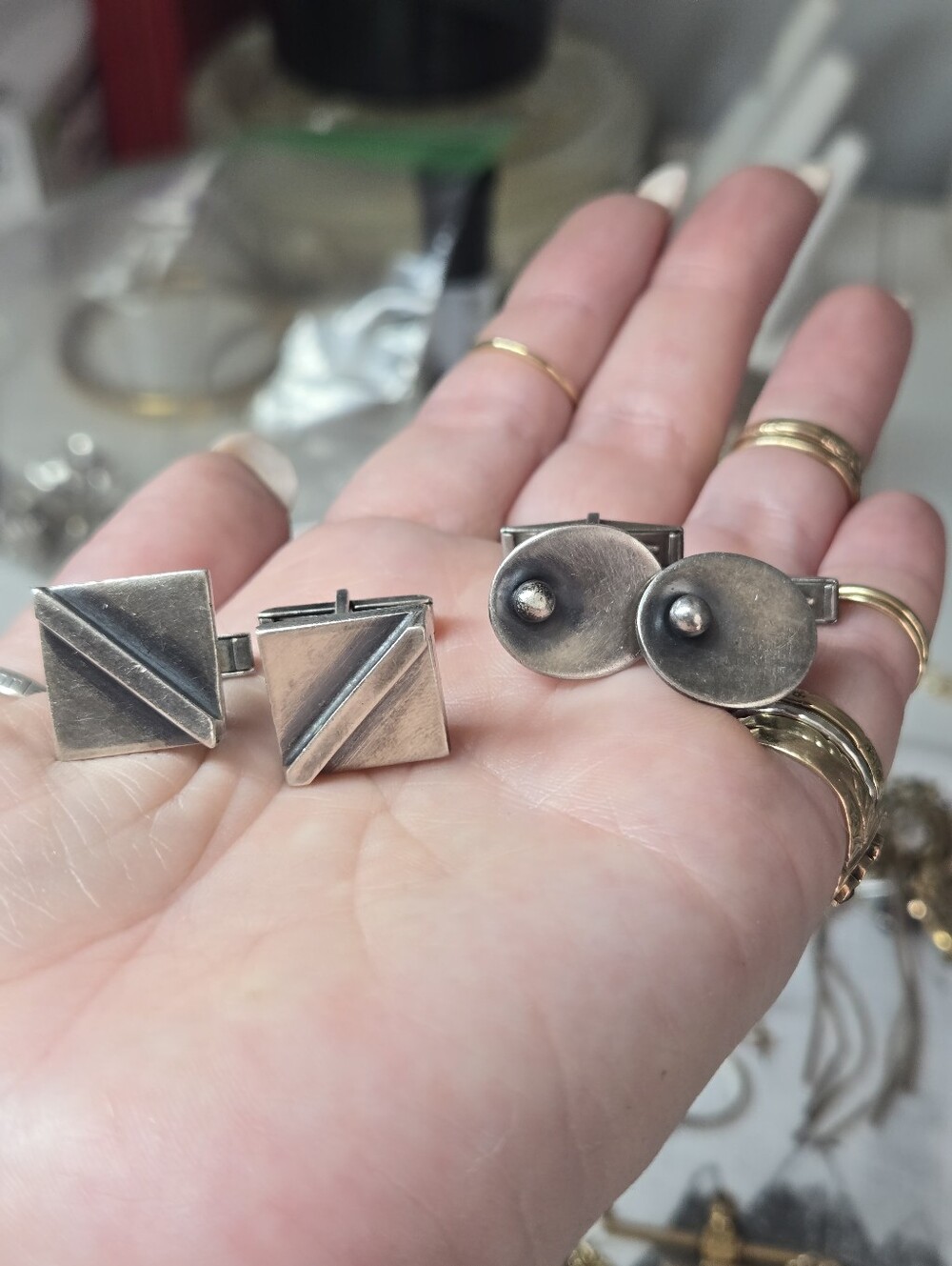 Antique Vintage Sterling Silver Cufflinks - Geometric & Round Styles
